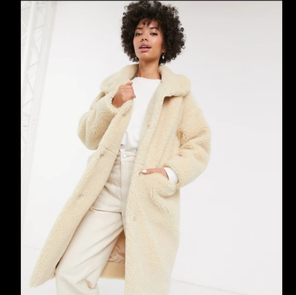 Monki Midi Teddy Coat in Off White